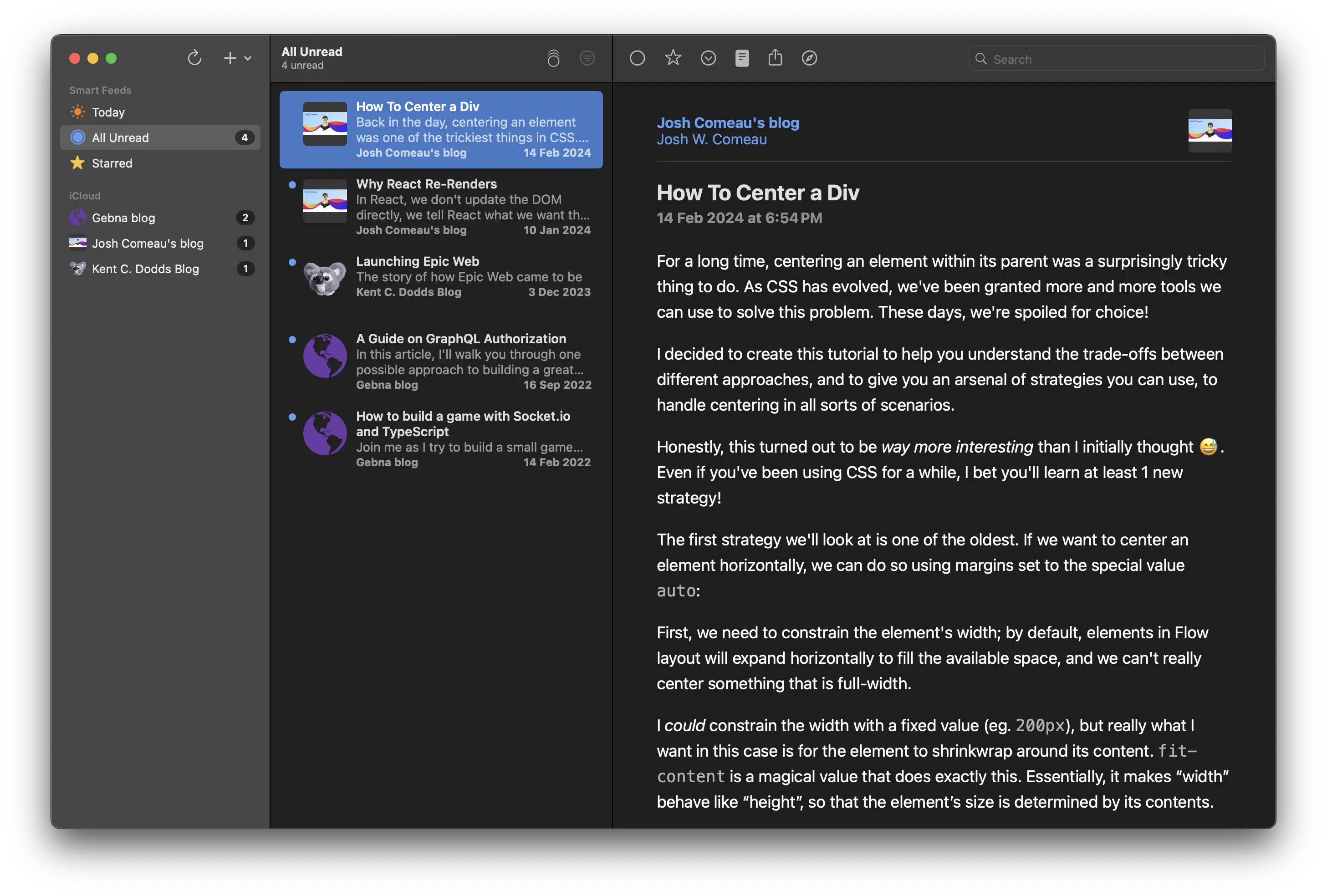 RSS reader screenshot